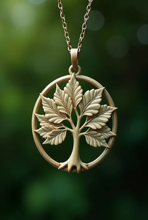 Medieval necklace symbol of a round tree leaf made of bones green background