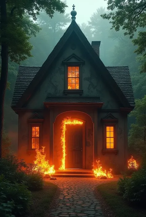  Cinematic , Dramatic,  ultra realistic , hdr,  intricate detail .  The front door of an old and enormous old mansion is surrounded by the fire that consumes the mansion. This country house is located in the middle of a lush green forest .
