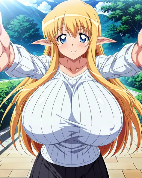 score_9, score_8_up, score_7_up, source_anime, anime coloring, anime screencap, 1 girl, alone, Tiffania Westwood (zero no tsukaima), elf, blonde hair, blue eyes, sweet smile, white beautiful skin, running, incoming hug, looking at viewer, slim body, cowboy...