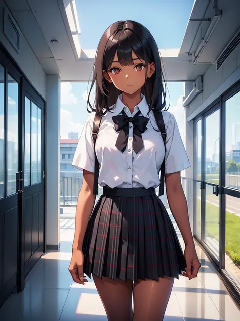   A beautiful girl is standing in the school hallway,  viewer ,  short sleeved white blouse  ,  plaid pleated skirt , black plaid bow tie ,(  brown skin next to a woman:1.2),( long black hair ), long bangs,Window with a view of the blue sky ,   high image ...