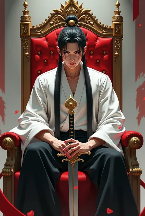 a close up of a person sitting on a throne with a sword, a detailed painting by Yang J, trending on Artstation, fantasy art, beautiful androgynous prince, delicate androgynous prince, beautiful male god of death, cai xukun, artwork in the style of guweiz, ...