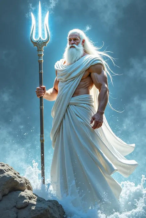 Poseidon, possessing divine features, is clad in a white robe reminiscent of Greek mythology, raising a single trident that emits pulses of light. He is not muscular and gazes directly ahead. His hair and beard are pure white, resembling those of Santa Cla...