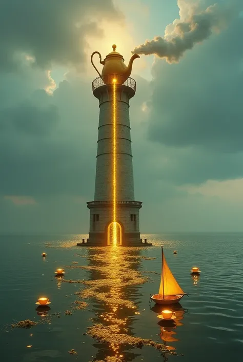 A towering lighthouse stands in the middle of a calm, endless ocean, but instead of a light at the top, there is a massive, steaming teapot. The teapot tilts gently, pouring an endless stream of glowing, golden tea into the sea below. The tea spreads acros...