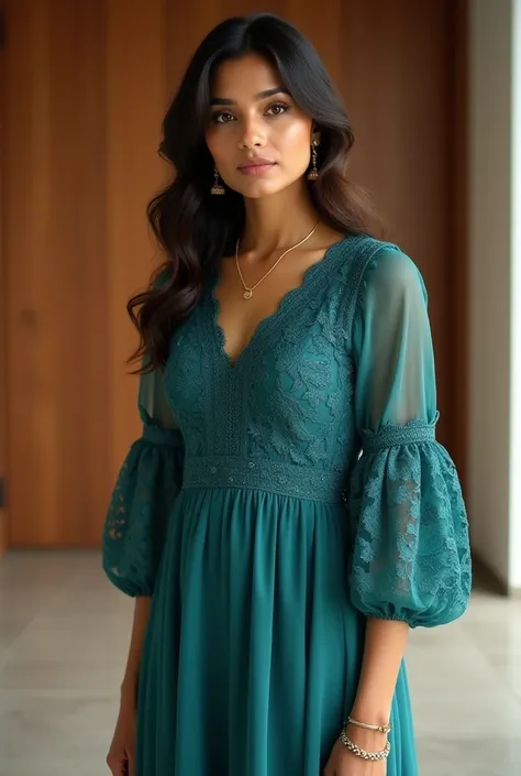 A photorealistic portrait of a confident South Asian woman wearing a teal dress with intricate lace patterns and full sleeves. Her hair is styled in soft waves cascading down her shoulders, and she is adorned with subtle gold jewelry, including earrings an...