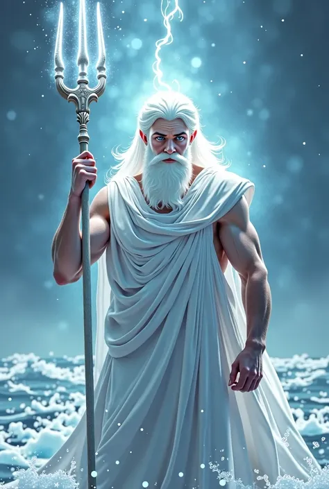 Poseidon, possessing divine features, is clad in a white robe reminiscent of Greek mythology, raising a single trident that emits pulses of light. He is not muscular and gazes directly ahead. His hair and beard are pure white, resembling those of Santa Cla...