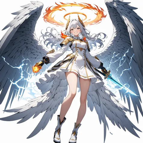 Masterpiece, best quality, ultra-detailed, anime style, 8k high resolution, full body of angelic girl, like smoke and archangel given form, giant halo and giant wing, Shiny sword and shiny claw, supernatural Lightning and flame, trending art station, white...