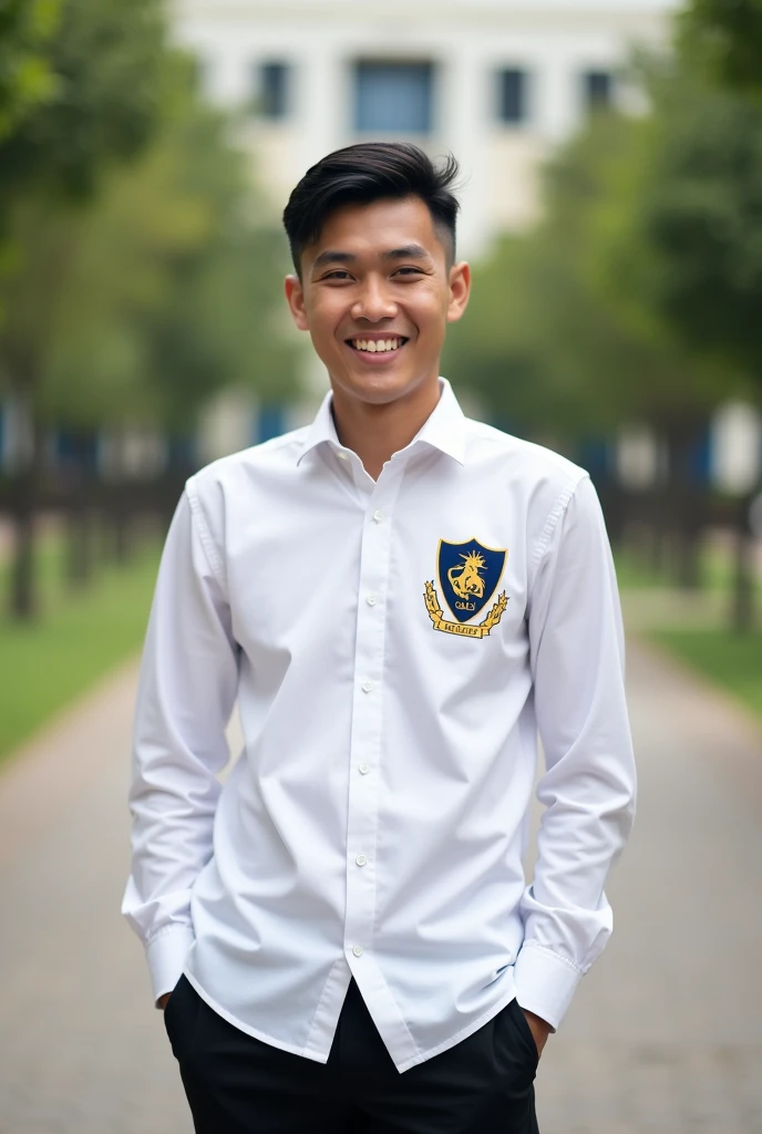 A 25-year-old Indonesian young man with black hair French crop model has a sweet smiling facial expression wearing a white shirt with a high school logo and black trousers. Latarbakar SEKOLAH .