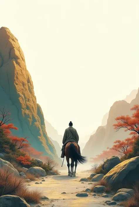 illustration， gold leaf rock color ，Rock painting， matte texture painting，Heartbroken Man in the Faraway Land，Ming Dynasty，Man leads the horse，Back，Lots of white space，Red blue green gold 