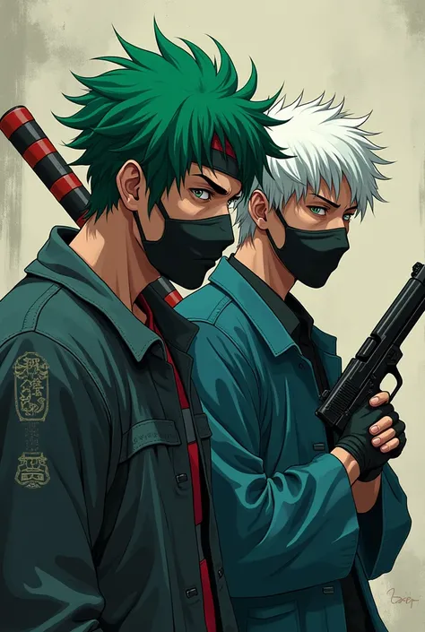 Create an image of two Japanese brothers, one with green hair and the other with white hair.,  the one with white hair use the catana and a mask , The one with green hair using a gun , Create as if it were a cover of a GTA  