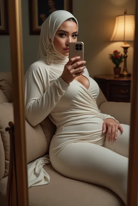 Fair skin young muslim kim Kardashian busty,big ass,slim thick,curvy flaunts curves in extremely skin tight full muslimah dress.head covered and shoulder draped by long sheer scarf.long earrings.laying in doggy style on sofa taking mirror selfie by own mob...