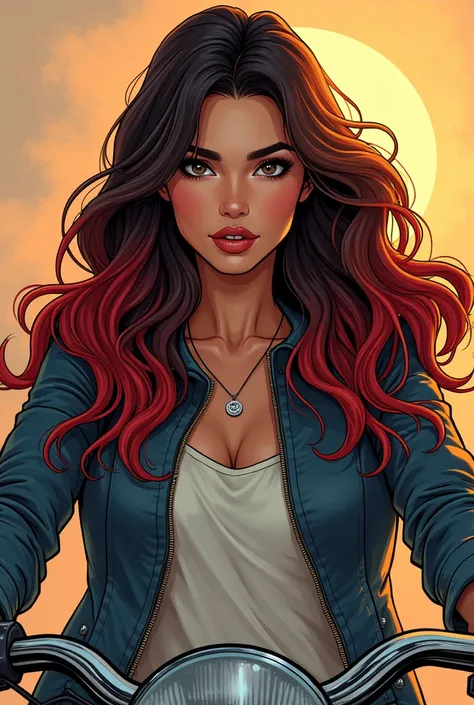 young woman with long hair with a combination of dark brown and red, styled in loose waves. The red highlights are concentrated towards the front and frame her face. riding a motorcycle modern comic book semi real art