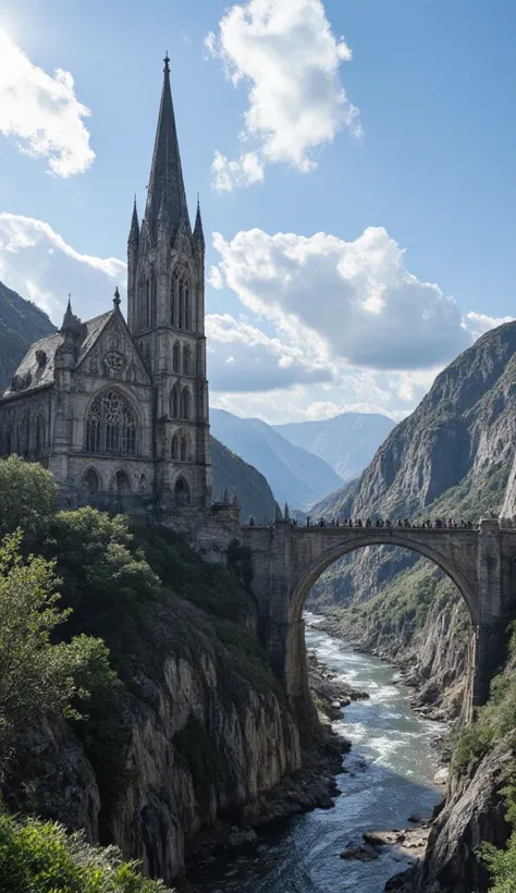 Grand cathedral-like spire, intricate Gothic carvings, pointed arches, weathered stone textures, faint moss and lichen growth on surfaces, towering archways with aged inlays, colossal structure, massive stone bridge extending across deep canyon, bridge lin...