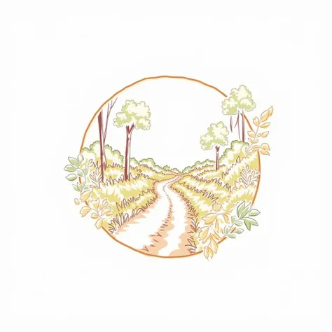 A stylized, colorful illustration of a country lane.  Bright, vibrant greens and yellows dominate the image, depicting lush vegetation, thick foliage, and wildflowers lining a light beige dirt road. The road stretches into the distance, winding through the...