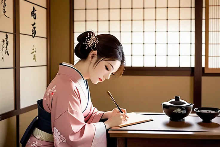 A serene Japanese woman wearing a soft cherry blossom-colored kimono with delicate floral patterns. She is sitting at a low wooden desk in a traditional Japanese room with shoji screens. Her hair is loosely tied back with a simple hairpin, and she holds a ...