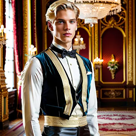 Visualize a 20-year-old German prince, standing amidst the grandeur of a palace ballroom. His fair, short platinum blond hair is impeccably styled, framing his face with a youthful yet princely allure. His eyes, the lightest shade of blue, sparkle with int...