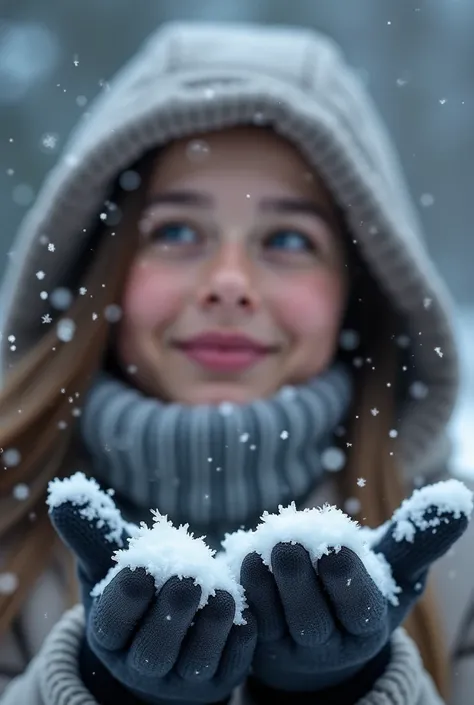  .Snowflakes Melting on Gloves
A picture of delicate snowflakes landing on a person’s outstretched hand gloves.
The snowflakes briefly retain their intricate shapes before melting into tiny droplets.
The person looks up, eyes smiling looking down at the sn...