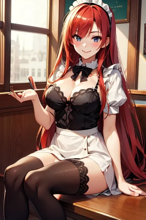 (high quality, 8k, 4K, High Contrast, masterpiece:1.2, 最high quality, Best aesthetics), beauty, Maid, Very detailed, Seductive and erotic girl with lace headdress, smile, (Redhead, Super long straight hair), Focus on the face, Focus on the face, Complex ey...