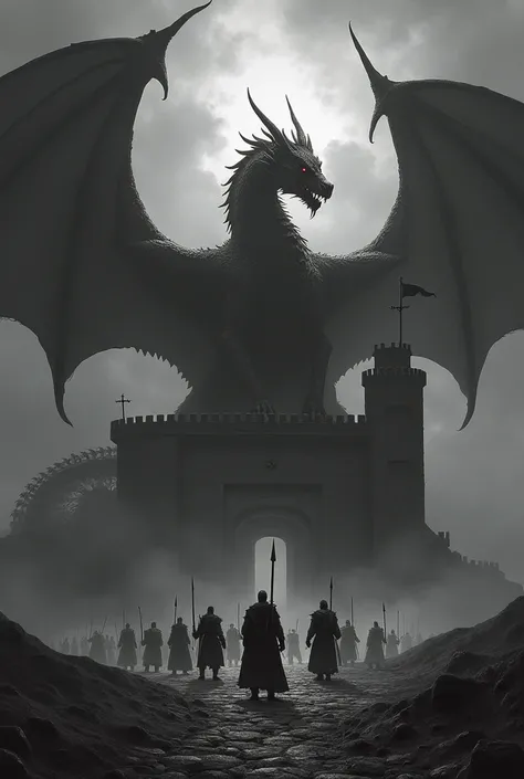 Black Metal Album, Black and white, Castle, Dragon, Swords