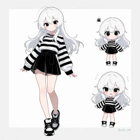 (( best quality)), (( masterpiece)), ( Detailed ),  white background, 1 chibi girl,  full body,  loose white hair over the shoulders , black sash,  black eyes with reddish tint , black and white striped sweater ,  black strappy skirt , black and white snea...