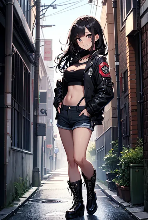 White punk girl with long black hair, tube top, cut black jean shorts, short black combat high heel boots, short jacket with baggy sleeves and pockets on the shoulders. One hand on hip, one hand hanging. Jacket off of one shoulder only. Mischievous smile. ...