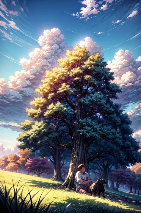 Anime landscape of a fat boy and a Labrador dog sitting under a large tree on a hill with tall grasses watching a blue sky with bright white clouds clear sky nature anime wallpapers, beautiful anime scene, peaceful scene anime,  Makoto Shinkai Cyril Roland...