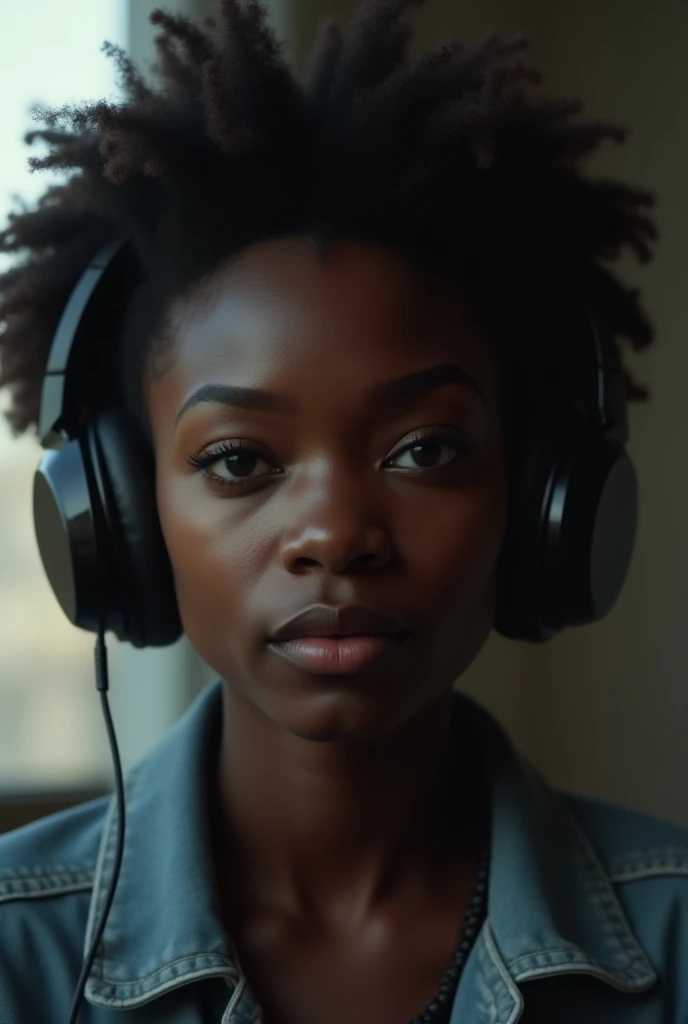 Autistic black woman with headphones like Hadid phone 