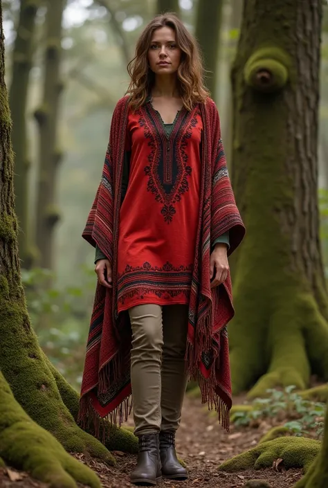 3.	Among ancient oak trees draped in moss, a woman with wavy, chestnut hair and Finnish features sports a striking red tunic embellished with intricate black patterns. She pairs it with fitted beige trousers and leather ankle boots, ready for adventure. A ...