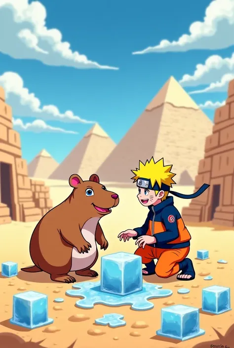 Capybara with Naruto in Egypt playing with freezes and volleyball