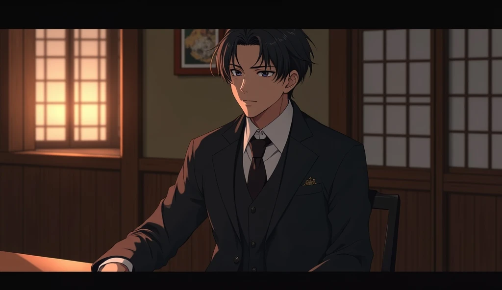  A traditional Japanese tea room with a dark wooden interior (Or bar ) interior,  A night scene with soft lighting .  A scene where a young man in an elegant and sophisticated 3-piece semi-suit sits in a classic style.  A dark suit ,  A vest that fits well...