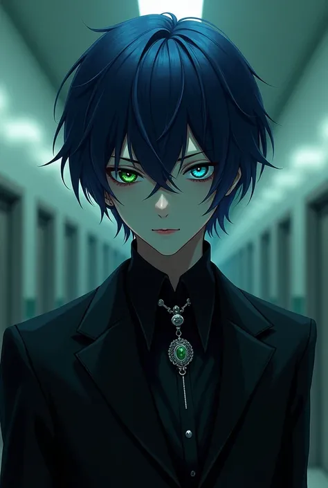 High school serial killer with one eye blue and the other green and blue-black hair and his slightly gothic way of dressing but at the same time elegant (man)