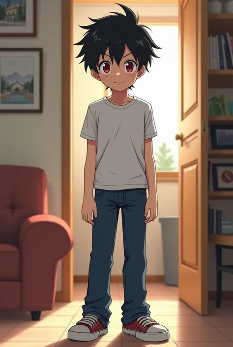 
 male anime character clothing,  Black hair, Ojos rojos, regular clothes, medium size, Similar to Kirito, in a house 