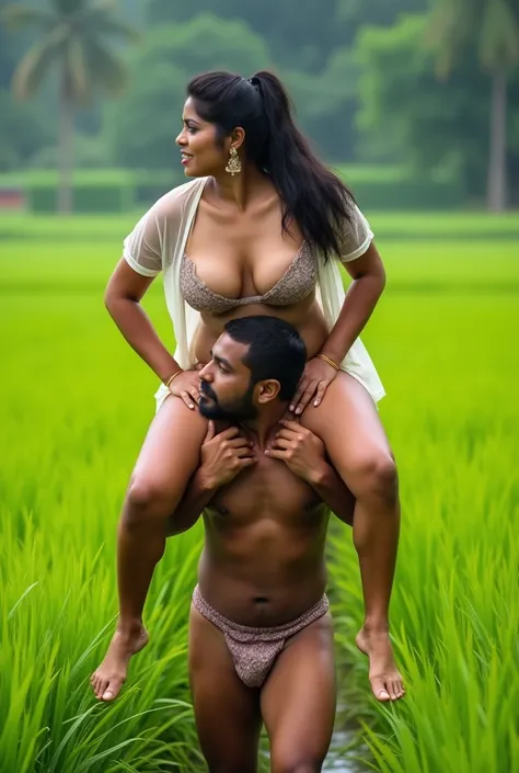 The beautiful Malayali woman sits on her servants  shoulder, women age is 30, large breasts, transparent kurta and leggings, bikinis, ponytail Black Hair, full figure, Drunk, walking, reverse shoulder ride, wearing shoes , close up, dancing, realistic phot...