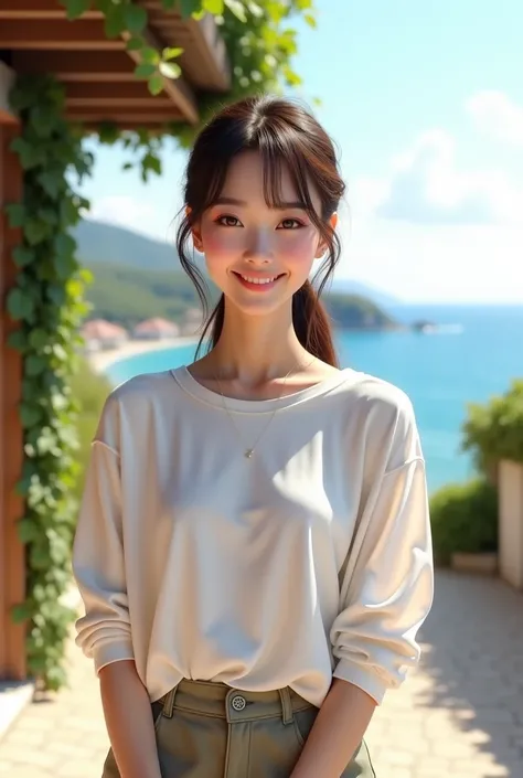 8k, realistic、 hyperrealistic、 place where you can see the coast and villa in the background 、The 、The main character is a beautiful  Japanese girl wearing a loose long-sleeved white crew-neck T-shirt、Im wearing chinos、 Brown Ponytail、 has hanging bangs、 f...