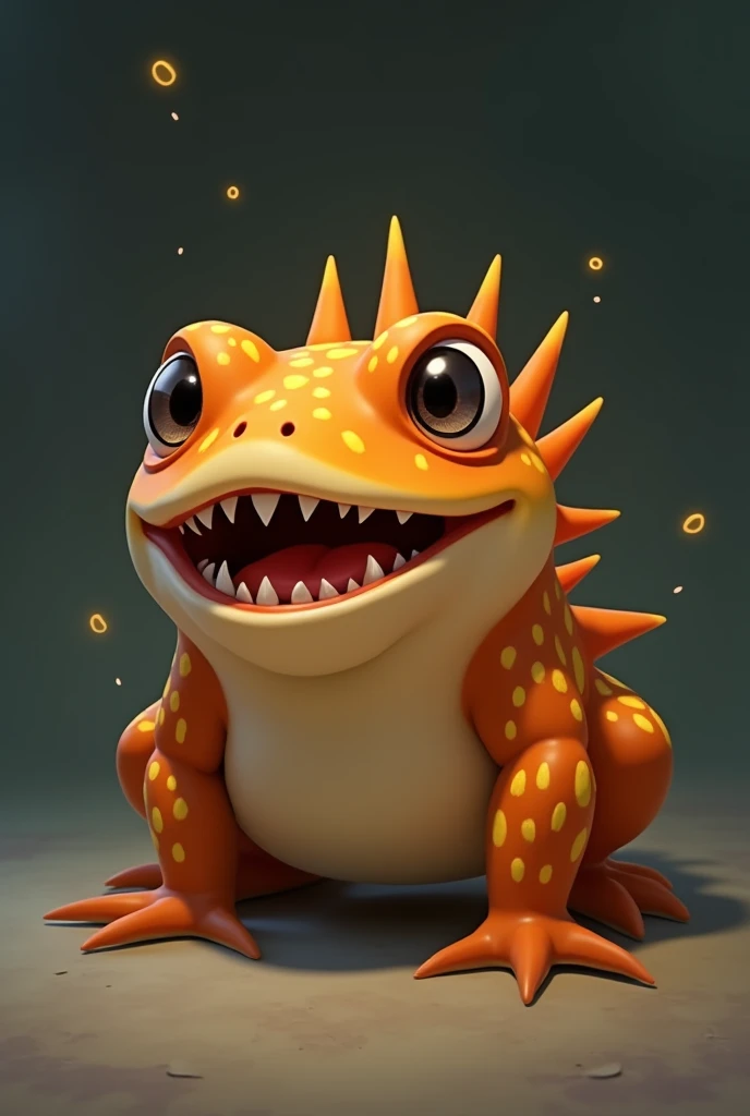 Shape: A medium-sized frog-like creature with slightly menacing eyes.
Color: Orange or brown with glowing yellow spots.
Features: Spikes or patterns on its back, and a grinning face with sharp teeth.
Animation: A small hopping motion or a shake when clicke...