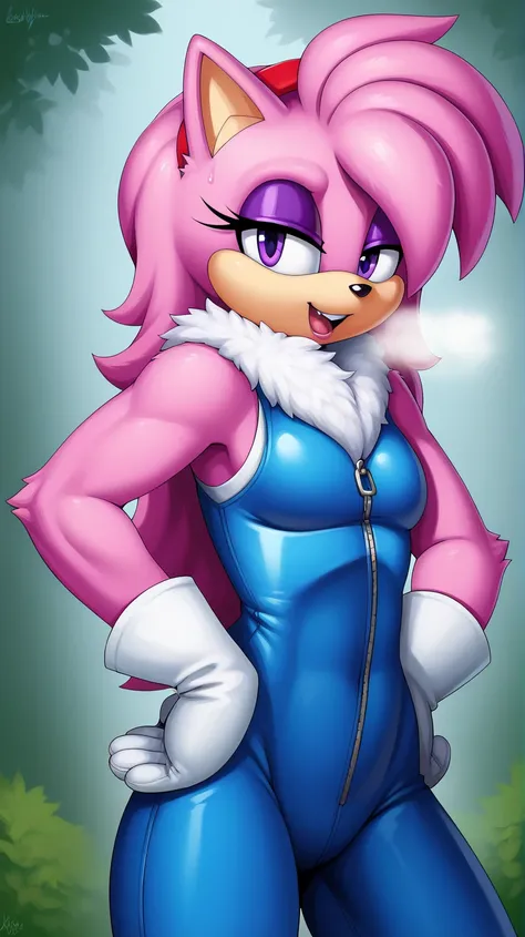  Julie-su The Echinda form sonic the hedgehog (series), (pink body/fur), (pink hair), (backround: forest), (detailed backround), (masterpiece), (high details), (facing the viewer:1.3), (looking at the viewer:1.3), (purple eyes),purple IncursioDipDyedHair, ...