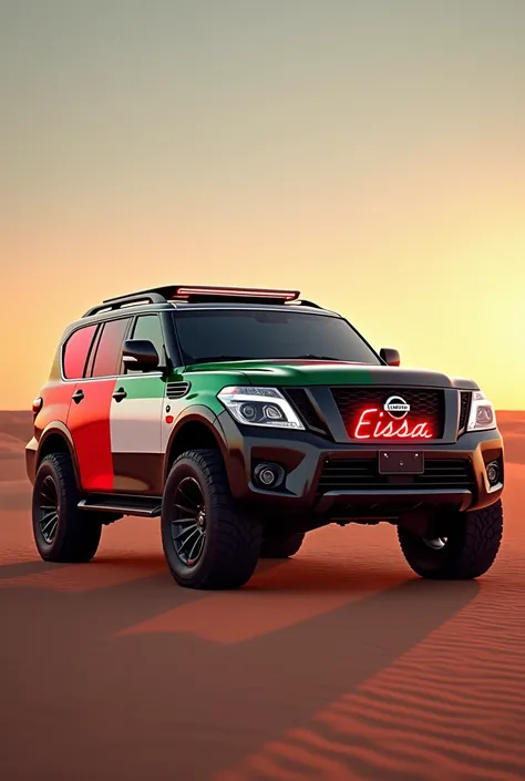 Uae flag in nissan patrol jeep with eissa name in neon 