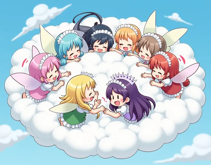 An anime-style art depicting many fairy-maids playfully wrestling with each other inside a comical fight cloud.
each maid has different  colored hair.
their faces,hands,and feet are visible emerging from the cloud as they tussle humorously,  with the rest ...