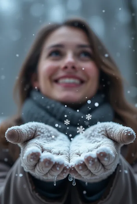  .Snowflakes Melting on Gloves
A picture of delicate snowflakes landing on a person’s outstretched hand gloves.
The snowflakes briefly retain their intricate shapes before melting into tiny droplets.
The person looks up, eyes smiling looking up at the snow...