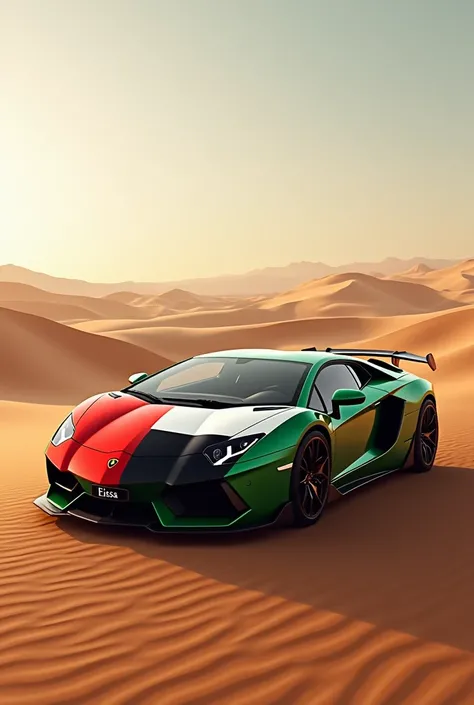 Uae flag in lamborgini in desrt with name of eissa 