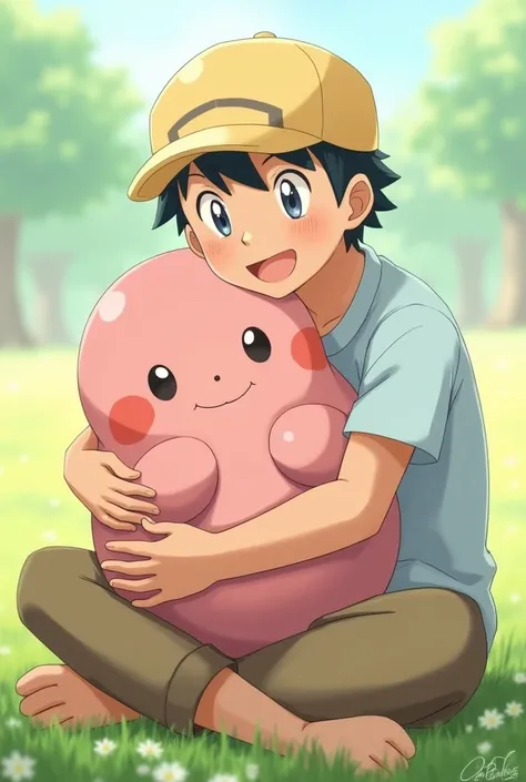 Draw a picture of a man hugging Yadon （slowpoke）を抱きしめている絵を描いて。