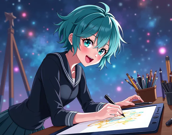 1 adult girl, mature body,  adult body, fine features, ((drawing for a drawing contest)), Drawing the graphics tablet, Seifuku black ,  happy expression , turquoise hair, turquoise eyes,  short, messy hair , lots of colors everywhere , very dynamic pose, e...