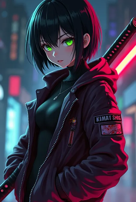 Make it anime style:  a girl with a thin body with tits and small ass ,  short and straight black hair , bright green eyes in neon . Large jacket with neon details and a futuristic katana with the blade shining in a red neon.