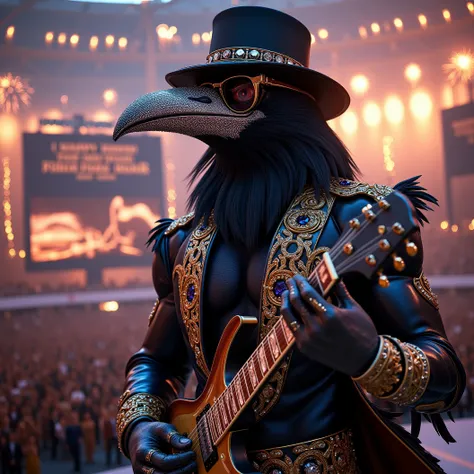 Muscular Anthropomorphic raven donned in intricate black suit with gold trim made of diamonds and a black diamond fedora. Diamonds cover his beak. Dynamically singing. Wears large sunglasses. Lead singer and guitarist of the band "Obsidian Rhythm Project" ...