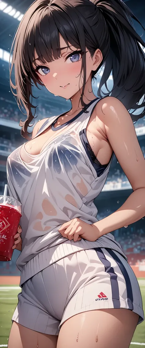 (((masterpiece)))、(( top quality ))、( super detailed )、(CG illustration)、(Very beautiful woman))、 movie-like light 、((1 Female))、 、(Beautiful and luxurious:1.2)、( One Woman :1.3)Sports Stadium,,((Japanese white sleeveless gym clothes), wet with sweat ,Beau...