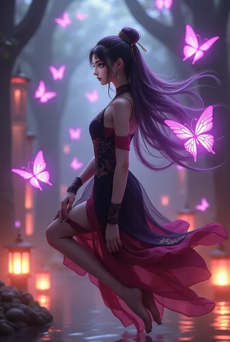 Create a highly realistic depiction of a mystical female character with a slender and graceful appearance, floating in the air. She has long, dark hair with shades of purple at the ends, decorated with delicate ornaments. Her outfit is a sleek and elegant ...