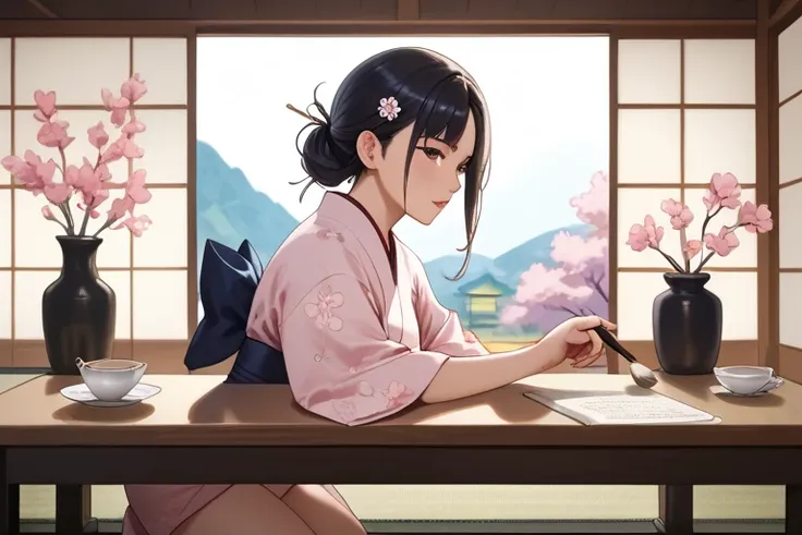 A serene Japanese woman wearing a soft cherry blossom-colored kimono with delicate floral patterns, seated at a low wooden desk in a traditional tatami room. Her hair is loosely tied back with a simple hairpin, and she is holding a brush, writing on parchm...