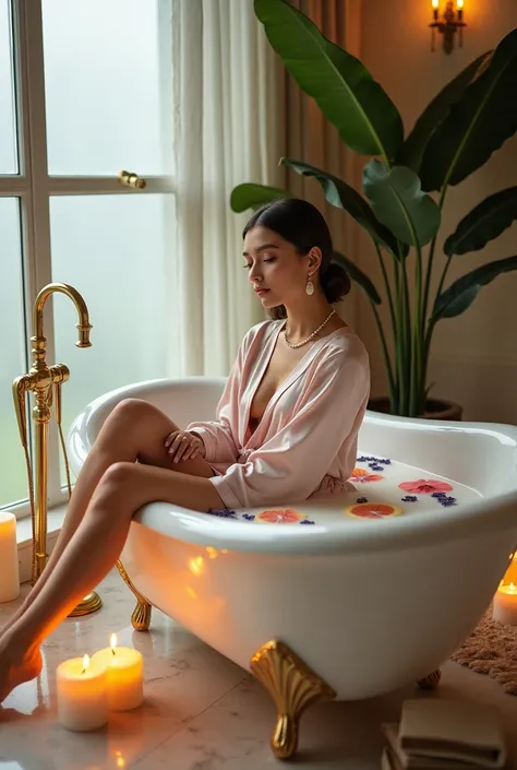 "A highly detailed and elegant bathtub photoshoot in a luxurious indoor setting. The scene is a spacious bathroom with a vintage clawfoot bathtub as the centerpiece, surrounded by carefully placed decorative elements. The walls are adorned with a mix of ne...