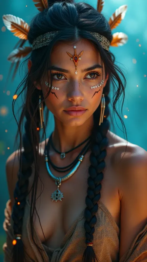 (Qingxu_Fotografía realista de retratos de belleza asiática_V11), (Qingxu_Fotografía realista de retratos de belleza asiática_F.11), One girl,Native American, feather,hair ornaments,jewelry,necklace,Tribal,Head ornament,Bracelet,Face Paint,Braiding,bracele...