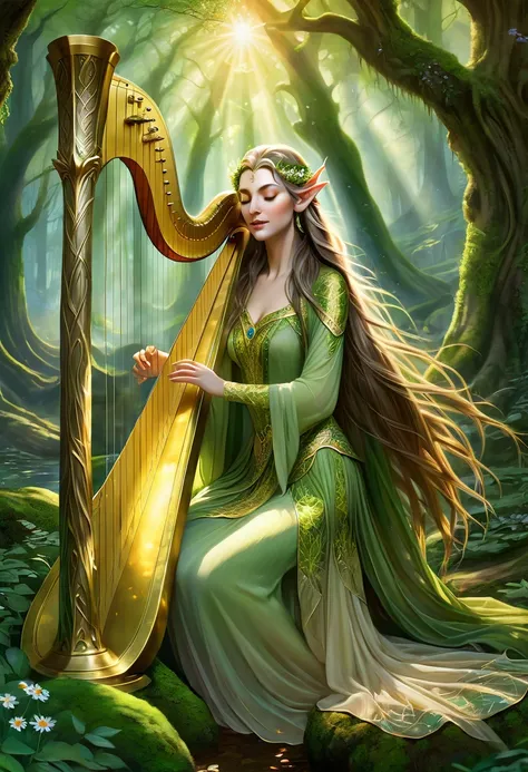 ((best quality)), ((masterpiece)), (detailed), perfect face, (best quality), (detailed skin:1.3), (intricate details), A serene elven woman with pointed ears and long flowing hair sits gracefully on a moss-covered stone in an ancient forest. She wears a de...