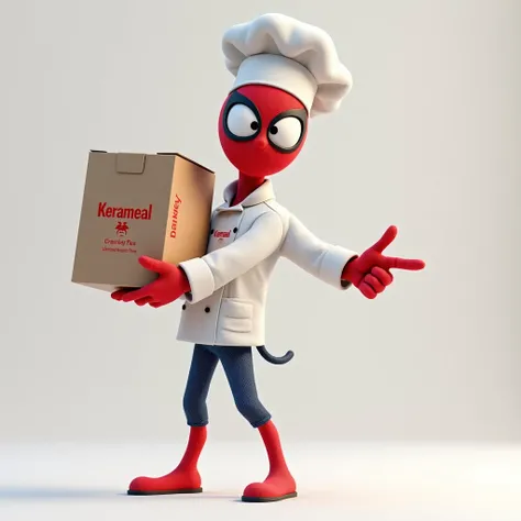 generate a Pixar-style image of Spider-Man standing in a spotless white room. He should be wearing a chef coat and a chef cap, both prominently featuring the branding “KERAMEAL.” Spider-Man should be holding a food delivery packet that also displays the Ke...